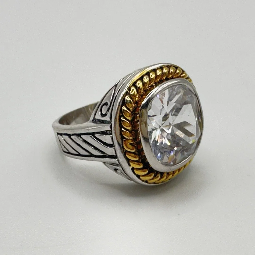 Designer Inspired Statement Ring Large CZ Silver Tone Gold Tone Rope Accent 7.25